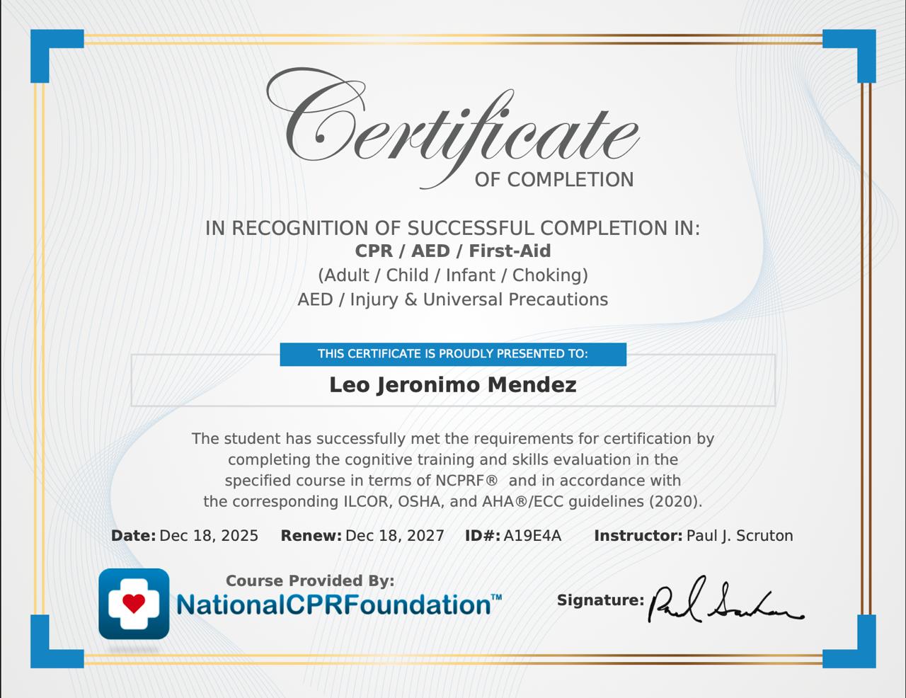 CPR AED First Aid Certificate